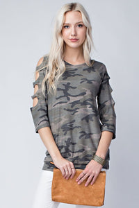 Camo 3/4 Cut-out Sleeve Ladies Top