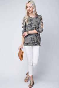 Camo 3/4 Cut-out Sleeve Ladies Top